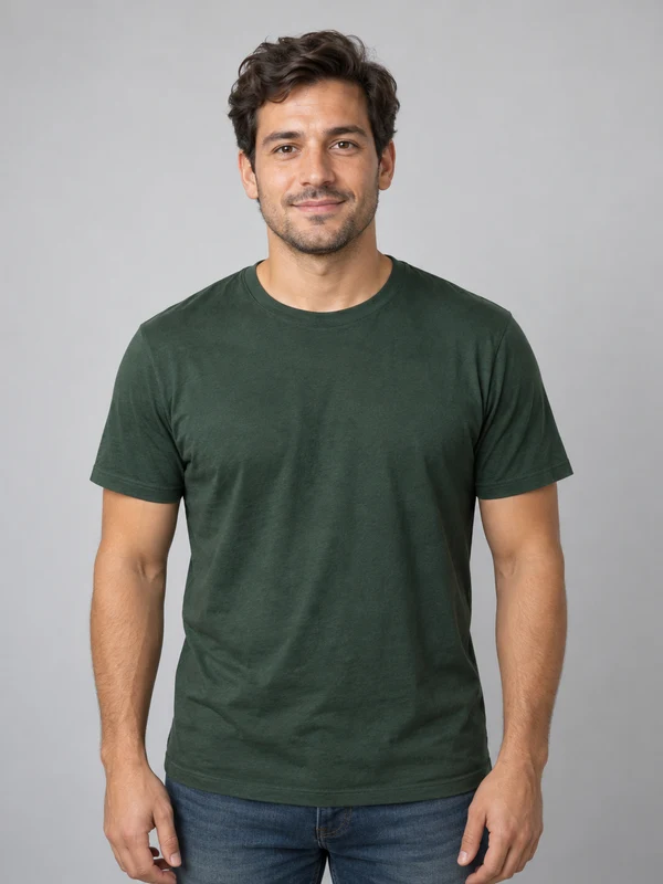 AI-created adult man with short wavy hair and a plain green T-shirt